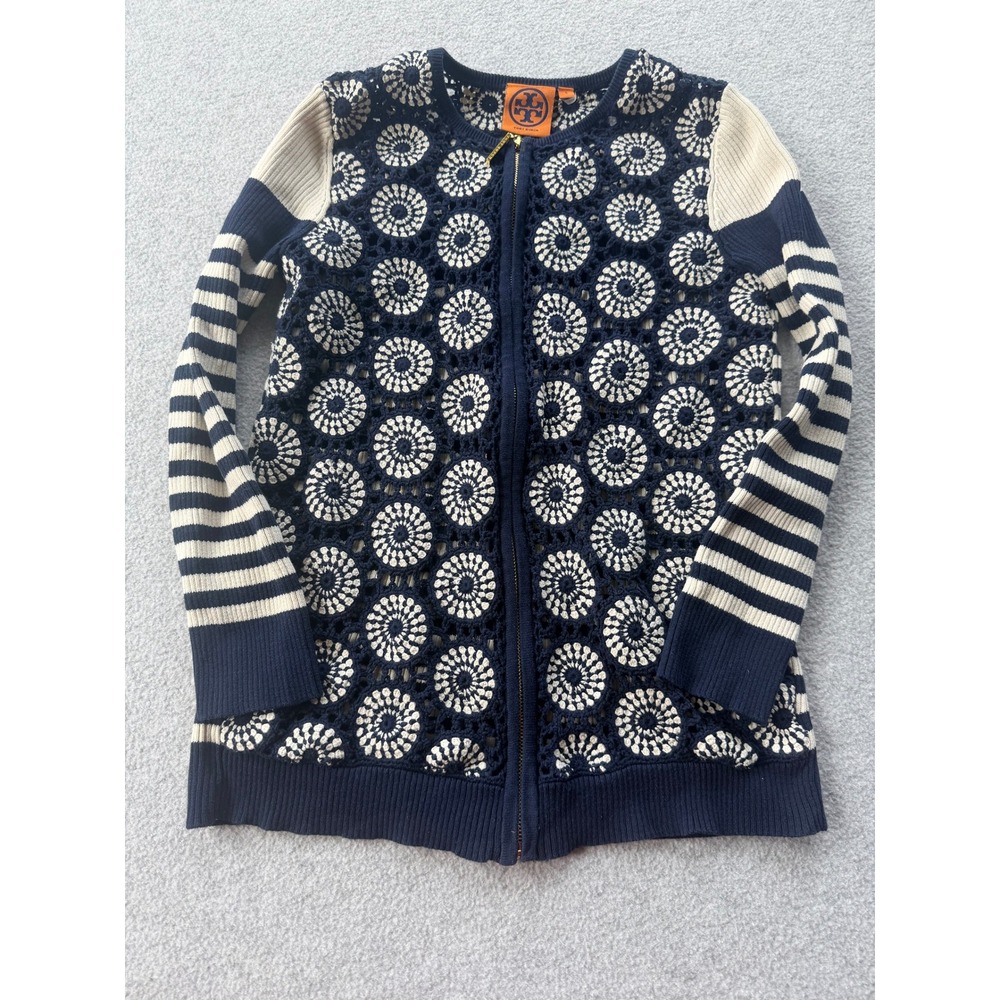 Tory Burch Navy Cream Crochet Medallion Striped Zip Front Cotton Cardigan S